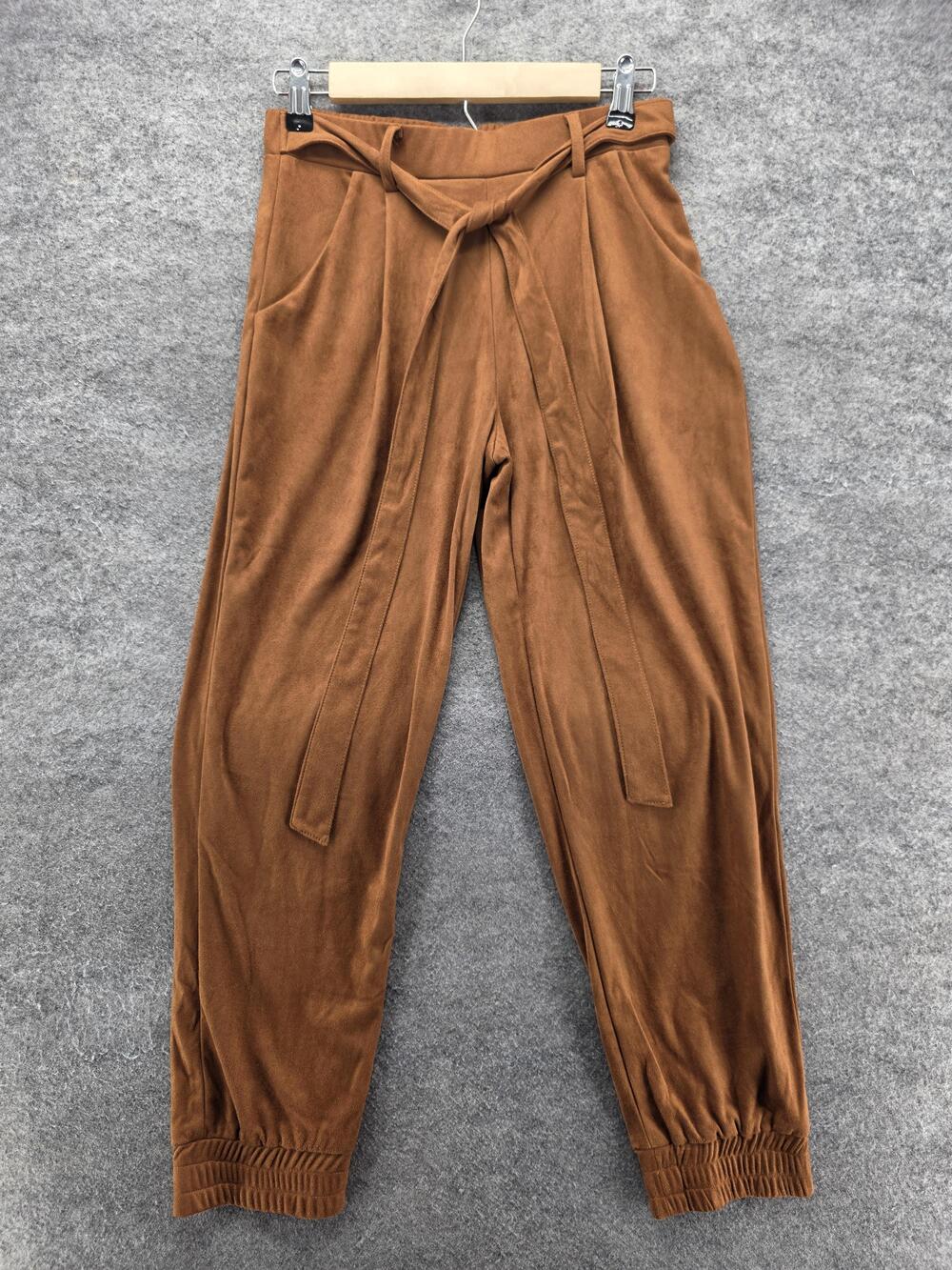 Francesca's Pants Womens S Brown Jogger Microfiber Belted Pleated 28.5 In